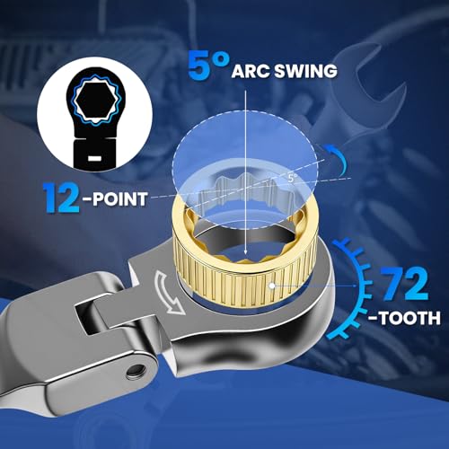 8PCS Flex Head Ratcheting Wrench Set, SAE 1/4"-3/4", 72-Tooth CR-V Steel with Rolling Pouch for Automotive Repair & Mechanics