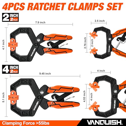 VANQUISH 4-Pack Quick-Release Ratcheting Wood Clamps for Woodworking, Professional Hand Clamps, Ergonomic Handles, 55 LBS Clamping Force, 2-Pack 4 Inch and 2-Pack 2 Inch Orange 4 Pack Mixed
