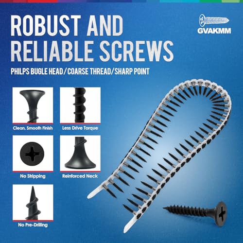 #6×1-1/4 inch Drywall to Wood Collated Screw – 1000 Count,Collated Black Wood,Drywall,Sheetrock Screw 1-1/4 inch