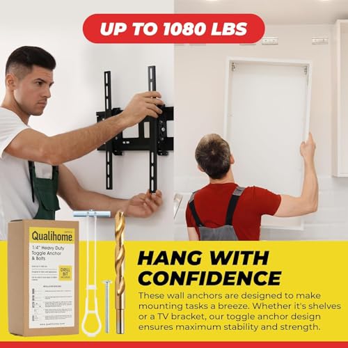 1/4”-20 Quick Easy Heavy Duty Toggle Anchors with Bolts - Hollow Wall Anchors with Steel Wings, Adjustable Up to 2 1/2" Thick Wall, Holds Up to 1080 Lbs, Heavy Duty Drill Bit Included (48 Pack) 48 Pack