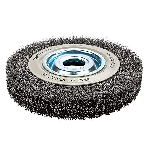 Forney 72897 Wire Bench Wheel Brush, Industrial Pro Crimped with 1/2-Inch Through 2-Inch Multi Arbor, 8-Inch-by-.012-Inch
