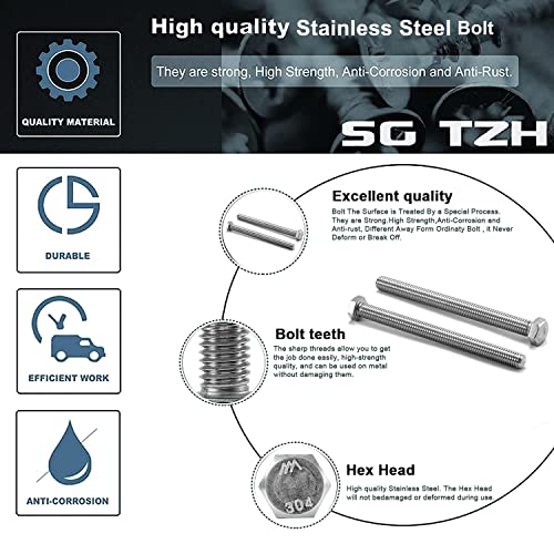 1/2-13 x 3 Hex Head Screw Bolt, 10Pcs 18-8 (304) Stainless Steel, Fully Threaded, Plain Finish, by SG TZH