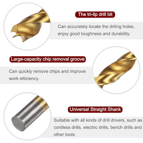 HARFINGTON 10pcs Brad Point Drill Bits 12mm(15/32") Dia HSS4241 Straight Round Shank Metric Brad Point Spiral Twist Drill Bits for Carpenter Woodworking Plastic Rubber, Golden 12mm(15/32") 10