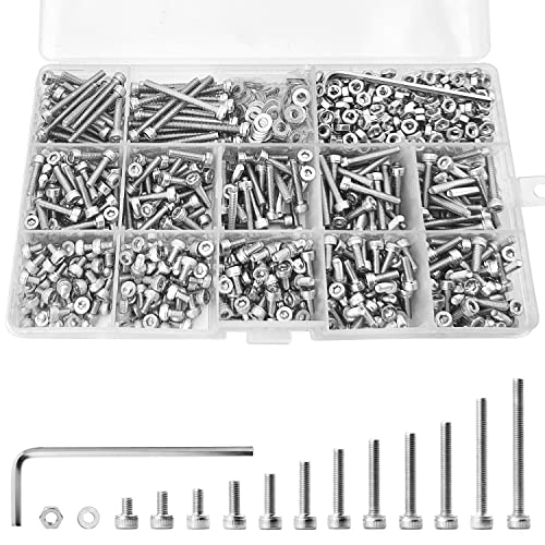 1310PCS M3 x 4/5/6/8/10/12/14/16/18/20/25/30mm Hex Socket Head Cap Screws Bolts and Nuts Flat Washers Assortment Kit, 304 Stainless Steel, Metric Machine Fully Thread, Allen Hex Drive M3 Socket Head (1310PCS)
