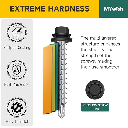 Mywish 155Pcs #10x1/2, 5/8", 3/4", 1",1-1/4", 1-1/2", 2" Self Tapping Screws & 50pcs #10 x 1 Hex Head Self-Drilling Sheet Metal Roofing Screws with EPDM Washer, elf Drilling Screws, Black Sheet Metal