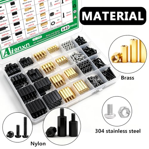 640PCS M3 Brass and Nylon Motherboard Standoffs Kit, Male Female Hex Spacer Standoff Screws Nuts Suitable for Circuit Board, PCB Board etc (Pack of 2) Yellow & Black 640PCS (Pack of 2)
