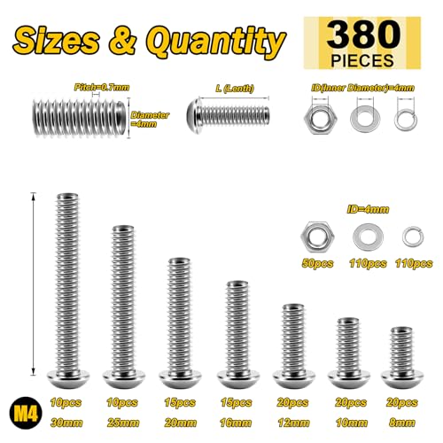 Mywish M8 x 55mm 20Pcs Flat Head Hex Socket Cap Screws Bolts & 380 Pcs M4 Screw Nuts and Bolts Assortment Kit, M4*8/10/12/16/20/25/30, 304 Stainless Steel Button Head Socket Cap Metric Screws Bolts