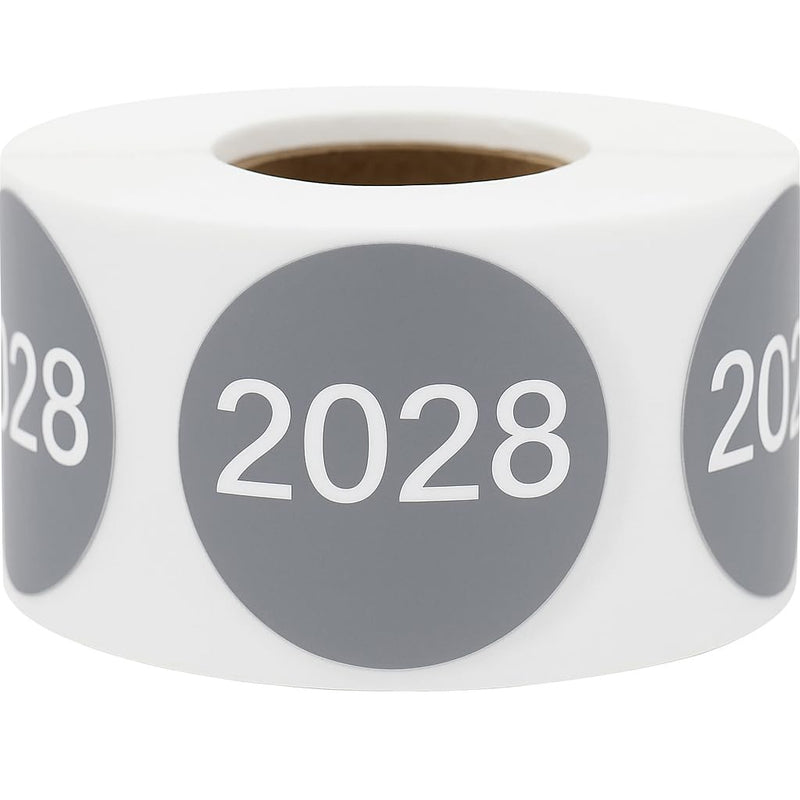 2028 Year Stickers – Gray with White Text 1.5 Inch Round Semi-Gloss Labels, 500 Total Adhesive Stickers Per Roll for Inventory, Rotation, Dating, and Filing – Made in the USA