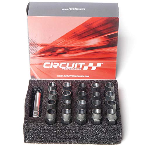 Circuit Performance Forged Steel Extended Open End Hex Lug Nut for Aftermarket Wheels: 12x1.25 Hyper Black - 20 Piece Set + Tool