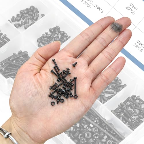 NINDEJIN M2 Button Head Socket Cap Bolts Screws, Metric M2 x 3/4/5/6/8/10/12/16/20mm Screws Bolts Nuts Assortment Kit, 452Pcs Allen Hex Drive, Black Oxide, 10.9 Carbon Steel, Fully Threaded 452Pcs M2 3mm-20mm