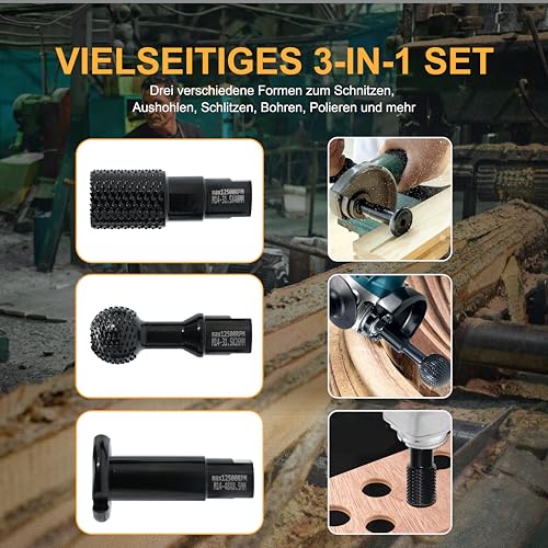 M14 Thread Wood Carving Cutter Set 3 Pieces for Angle Grinder 115mm/125mm Black