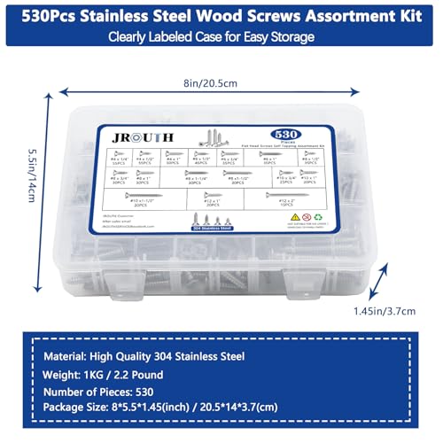 530Pcs Stainless Steel Wood Screws Set #4#6#8#10#12 Phillips Flat Head Sheet Metal Screw Self Tapping Screws Assortment Kit, Length 1/4" to 2" Flat Head - 304 Stainless Steel - 530pcs