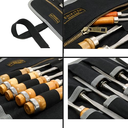 Wrench/Tool Roll (7 Slots), Waxed Canvas Roll Up Bag with 1 Small Detachable Tool pouch and 1 Zipper Pockets, Multi-Purpose Wrench Roll Organizer for Motorcycle/Mechanic/Electrician Black