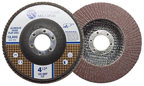 Benchmark Abrasives 4.5" x 7/8" Aluminum Oxide Flap Discs for Sanding, Grinding, Finishing, Stock Removal on Stainless Steel, Carbon Steel Alloys Metals (10 Pack) - 120 Grit