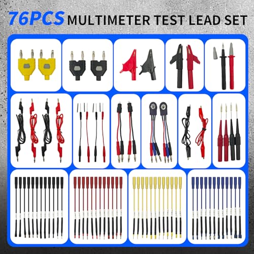 76-Pcs Automotive Circuit Test Lead Kit, Multimeter、Electrical Test Leads Kit, Back Probe Kit, Alligator Clip, Acicular Probe, Banana Plug Adapters, Volt Meter Lead (with Carrying Case) 76 Pcs Kit