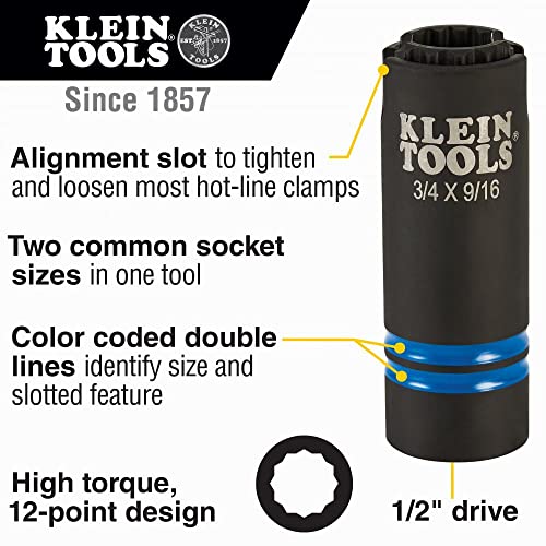 Klein Tools 66031 3-in-1 Slotted Impact Socket, 12-Point Deep Sockets, Coaxial Spring Loaded, 3/4 and 9/16-Inch Hex Sizes, 1/2-Inch Drive & Stanley Proto J7121 1/2" Square Ext, 7/16" Hex Socket + Square Extension