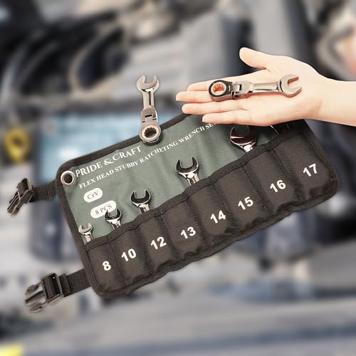 PRIDE&CRAFT 8 Piece Flex Head Stubby Ratcheting Combination Wrench Set, Metric 8-17mm, 90-Teeth, CRV, Nickel Plating with Rolling Pouch