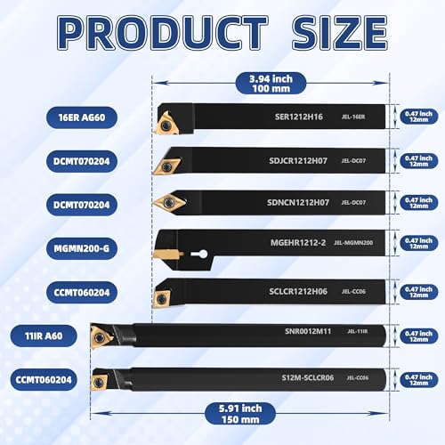21-Pcs Indexable Lathe Tool Set with 7PCS 1/2" 12mm Shanks Turning Tool Holders and 14PCS Carbide Inserts for Turning, Grooving, Threading, Boring 7PCS1/2'' 12mm Shanks+14PCS Inserts