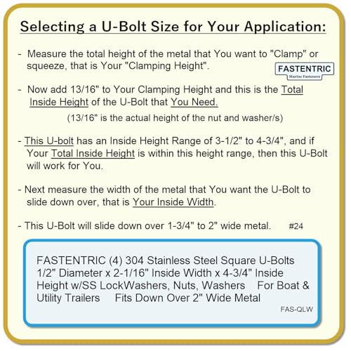 Made in The U.S.A. (4) 304 Stainless Steel Square U-Bolts 1/2" Diameter x 2-1/16" Inside Width x 4-3/4" Inside Height w/SS LockWashers, Nuts, Washers for Boat & Utility Trailers Fits Over 2" Metal