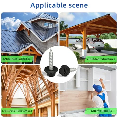 #10 x 1 Inch Metal Roofing Screws, Black Hex Head Sheet Metal Roof Screw with EPDM Washer, Sharp Point Metal to Wood Siding Screws 200-PCS
