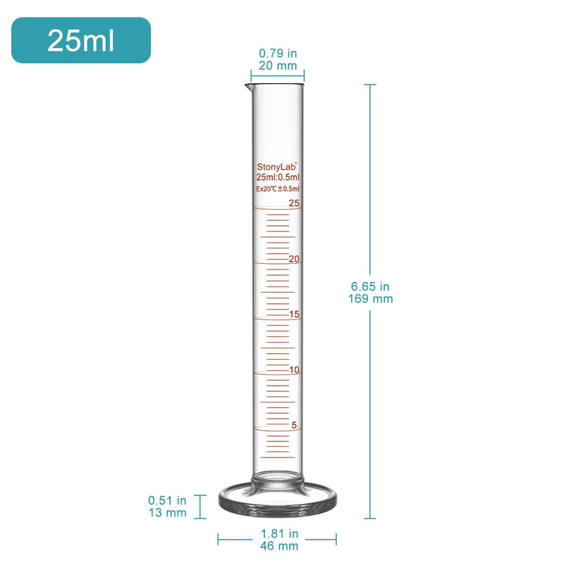 StonyLab 4-Pack Borosilicate Glass 25ml Heavy Wall Graduated Cylinder Measuring Cylinder, 10ml 25 ml