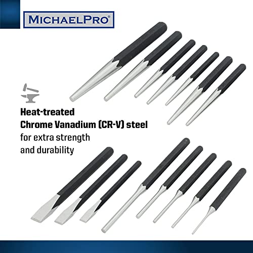MichaelPro Punch and Chisel Set, 16-Piece Punch Set Tools with Center Punch, Pin Punch, Starter Punch, Chisel, Gauge and Tool Storage Pouch, Heavy Duty Chrome Vanadium Steel Chisels and Punch Tool Set