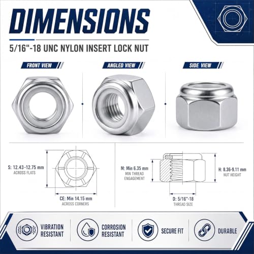 200 Pcs 5/16"-18 Nylon Insert Hex Lock Nuts, Carbon Steel Bulk