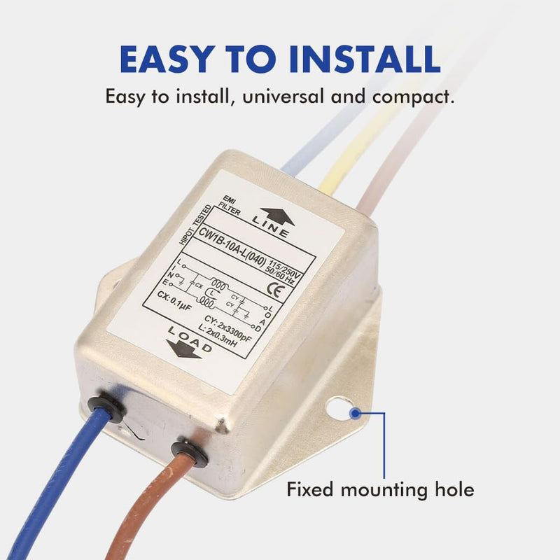 Uadme EMI Filter, EMI Power Filter, 125/250V Electromagnetic Interference Filter, CW1B-10A-L(040) Single Phase Filter for Suppressing Continuous and Intermittent Impulse Interference