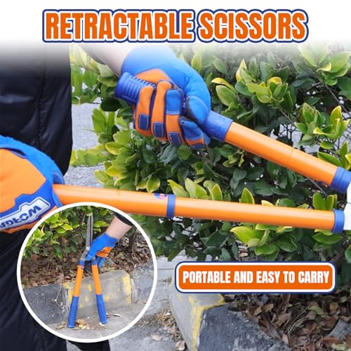 WADFOW WPR1E95 Hedge Clippers:Bush Clippers With Adjustable Length Handle and Wavy SK-5 Steel Blade,Hedge Shears for Pruning Borders and Bushes, Blue and Yellow