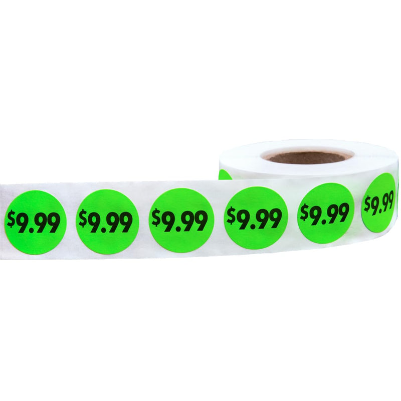 Fluorescent Green 9.99 Stickers – 3/4 Inch Round Circle Labels, 500 Total Adhesive Stickers Per Roll for Retail Pricing, Product Marking, and Inventory – Made in the USA $9.99