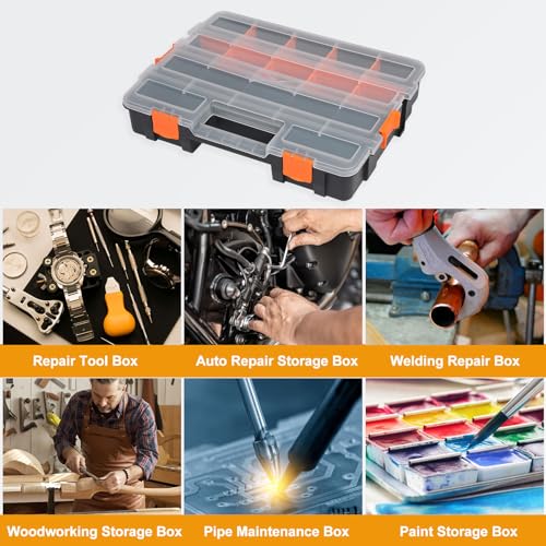 HARFINGTON Single Side Tool Organizer 14.8"x11.4"x2.6" 17-Compartment Hardware Storage Box with Removable Plastic Dividers for Screws Nuts Nails Bolts