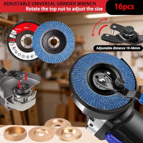16-Piece Wood Carving Disc Kit for 4 in 4.5 in Angle Grinder, Woodworking Grinding Wheels Kit with 7/8"-5/8" Arbor for Quick Rough Cutting Shaping Sanding Polishing