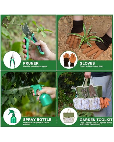 9-Piece Premium Gardening Tool Set for Women - Heavy Duty Stainless Steel Rust-Proof Tools with Fashion Storage Tote | Perfect Gardening Gifts for Mom, Mother's Day, Birthday & Outdoor (Green) green
