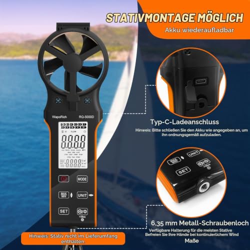 Wind Meter CFM Meter, WapoRich Anemometer Handheld Wind Speed Meter Digital Wind Meter Rechargeable Measures Air Volume/Wind Speed/Temp with MAX/MIN for HVAC Drone RQ-5000D