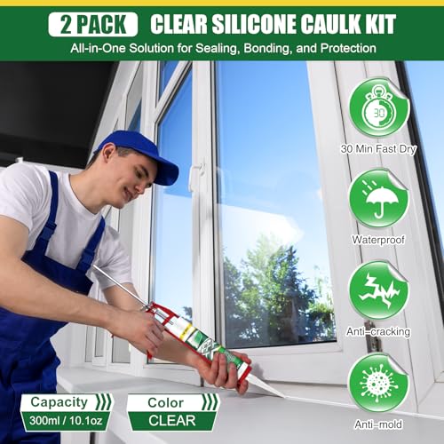 2 Pack 10.1oz Clear Silicone Caulk, 100% Waterproof Sealant for Home, RV 2