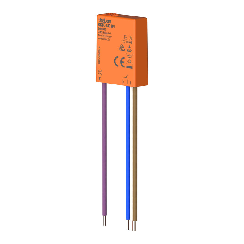 Theben 5400030 OKTO 540 BN Mini Flush-Mounted Push Switch Silent | Ultra-compact 32.7 x 26.6 x 9.6 mm, 150 W LED, pre-assembled cable, 0.2 W stand-by, zero crossing circuit