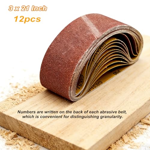 12 Pack 3x21 Inch Sanding Belts, 80/120/150 Grit Mixed,Aluminum Oxide Abrasive Belts for Belt Sander,4 Belts Each Grit, Belt Sander Paper for Woodworking, Metal Polishing