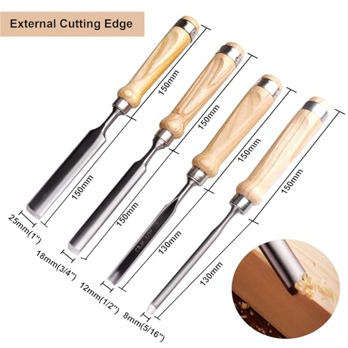4-Piece Wood Chisel Set, 8mm 12mm 18mm 25mm Outside Edge Set