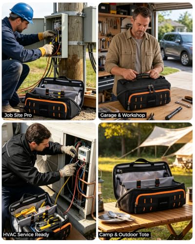 Wide Open Top 14.5" Tool Tote Bag, 4 Pocket Storage Organizer
