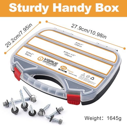 VIGRUE 300PCS Metal Roofing Screws #10x1#10x1-1/2#10x2, Galvanized Hex Head Sheet Metal Roof Screw, Self Starting Metal to Wood Siding Screws EPDM Washer