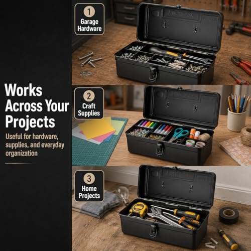 Portable Small Metal Tool Box & Parts Organizer – 14.2" x 6.8" x 6.5" Lockable Storage Case with Removable Plastic Dividers, for Craft Supplies, Garage Hardware, Screws, Home Projects – Black