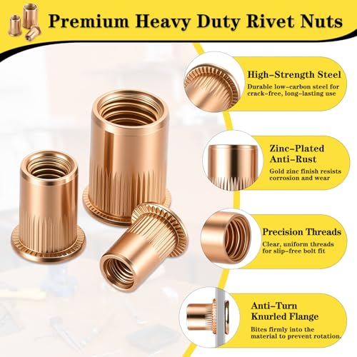 MAPVOLUT 405-Piece Metric Rivet Nut Assortment Kit | M3-M12 UNC Flat Head Threaded Insert Nutsert Set for Metal | Zinc Plated Carbon Steel Rivnuts with Sturdy Storage Case