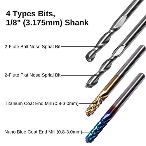 Genmitsu MC40A End Mill Set with a Total of 40 CNC Router Bits, 3.175 mm (1/8 Inch) Shank, CNC Cutter Set with 2 Flutes Flat and Ball End Mills, Nano Blue Coating and Titanium Coating MC40A (40PCS)