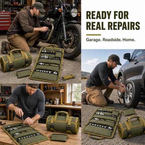 Roll Up Tool Bag, Heavy Duty Portable Organizer for Mechanic, Electrician, and Hobbyist, Green (Military Green-1680D) Military Green-1680D