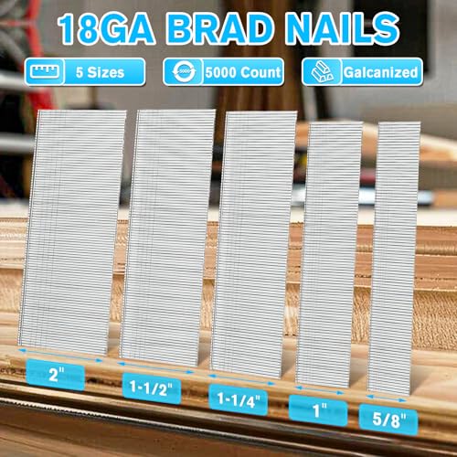 MtiolHig 18 Gauge Brad nails 2 inch, 1 1/2 inch, 1 1/4 inch, 1 inch, 5/8 inch | 5000 Count 18ga Brad Nails for Pneumatic, Electric Brad Nailer | Galvanized | Universal Brad Nails