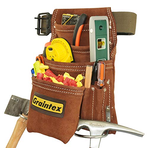Graintex SS2976 10 Pocket Nail & Tool Pouch Brown Color Suede Leather with 2” Leather/Webbing Belt for Constructors, Electricians, Plumbers, Handymen