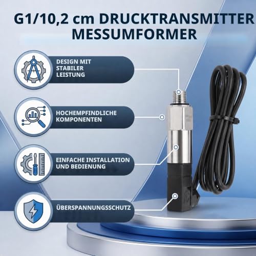 Stainless Steel Pressure Transducer, Pressure Sensor Silicon Pressure Transmitter Sensor Water Flow Sensor 4-20mA Output G1/4 Inch for Water Gas Oil (0-0.5 MPA) 0--1MPA