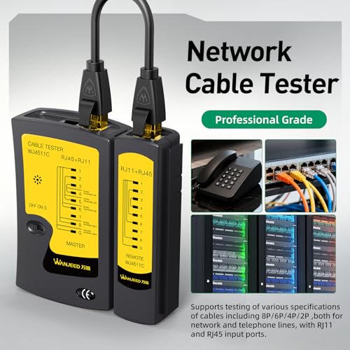 Network Cable Tester for LAN Ethernet Cable RJ45/RJ11/RJ12, Tests Cat5/Cat5e/Cat6/Cat6a/Cat7 UTP/STP Cables - Wire Mapping & Fault Finder for IT/Home (9V Battery Included) Multifunctional Ethernet Tester
