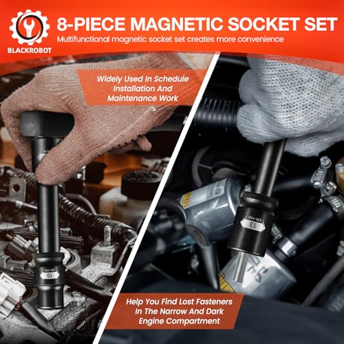 BLACKROBOT 3/8" Drive Magnetic Impact Socket Set, 13-Piece Shallow Socket Set with Storage Rail, Metric Size 7mm-19mm, 6 Point Magnetic Sockets, Cr-Mo Steel 3/8" Dr Metric 13P