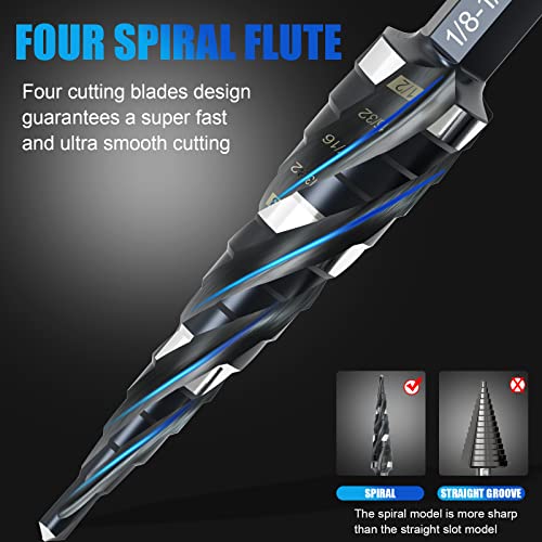 Countersunk Bit Set for Metal, M2 Cobalt Countersunk Bits 5 Pieces, M35 Four Spiral Flute Step Drill Bit Set 1/8"-1/2" （13 Sizes ）,1/4" Hex Shank Drill, Impact Resistant M35HSS Unit Stepper bit, for S